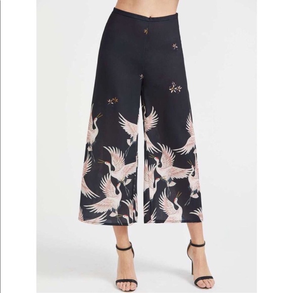 Black Crane Print Wide Leg Pants - Picture 3 of 6
